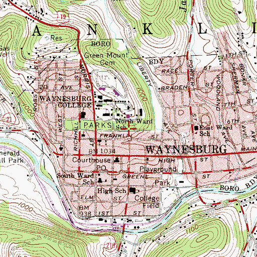 Topographic Map of Borough of Waynesburg, PA