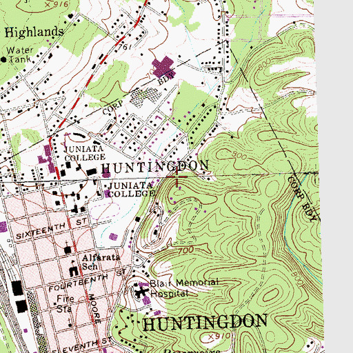 Topographic Map of Borough of Huntingdon, PA