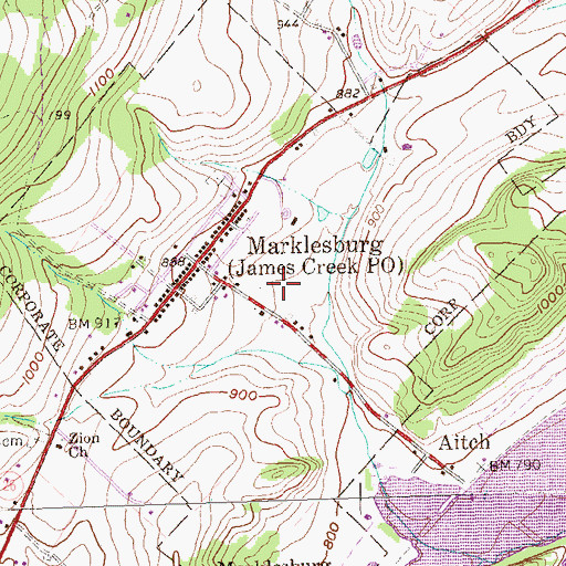 Topographic Map of Borough of Marklesburg, PA