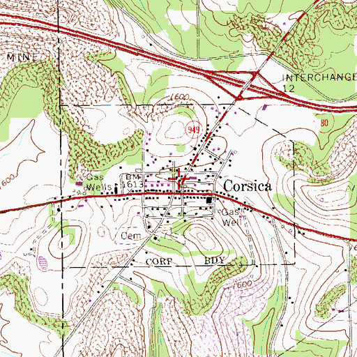 Topographic Map of Borough of Corsica, PA