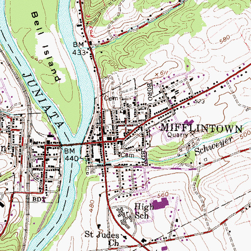 Topographic Map of Borough of Mifflintown, PA