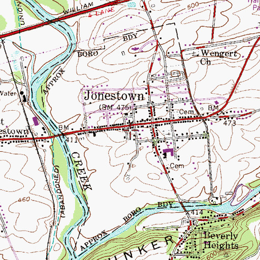 Topographic Map of Borough of Jonestown, PA
