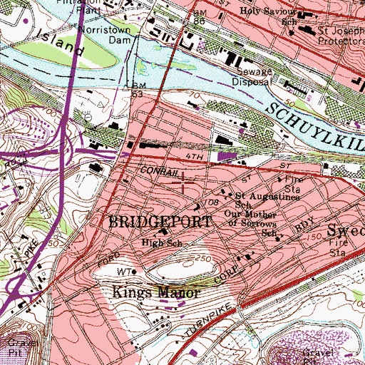 Topographic Map of Borough of Bridgeport, PA
