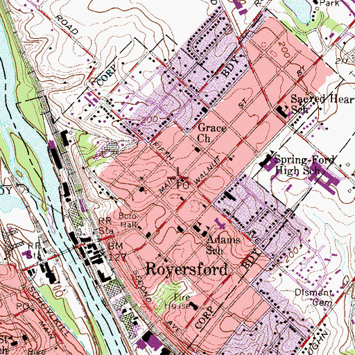 Topographic Map of Borough of Royersford, PA