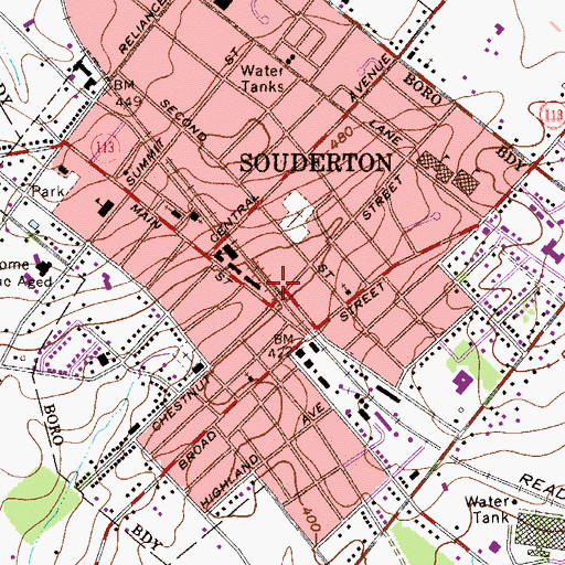 Topographic Map of Borough of Souderton, PA