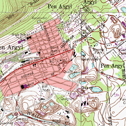 Topographic Map of Borough of Pen Argyl, PA