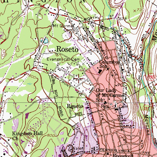 Topographic Map of Borough of Roseto, PA