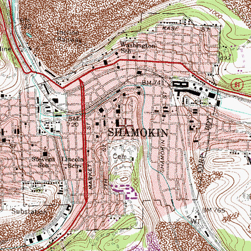 Topographic Map of City of Shamokin, PA