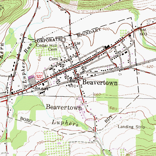 Topographic Map of Borough of Beavertown, PA