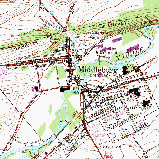 Topographic Map of Borough of Middleburg, PA