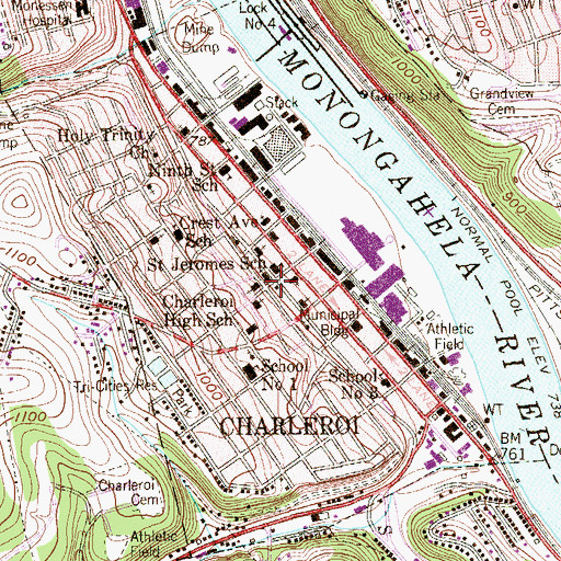 Topographic Map of Borough of Charleroi, PA