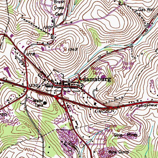Topographic Map of Borough of Adamsburg, PA