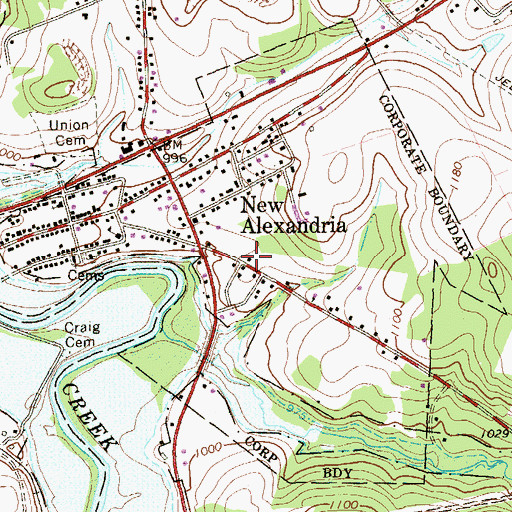 Topographic Map of Borough of New Alexandria, PA