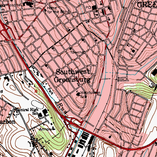 Topographic Map of Borough of Southwest Greensburg, PA