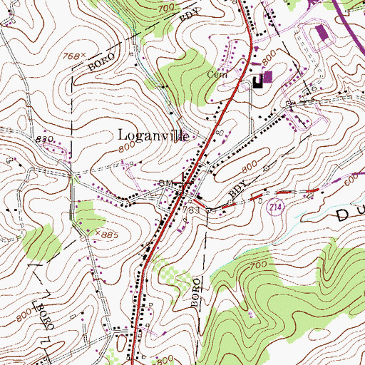 Topographic Map of Borough of Loganville, PA