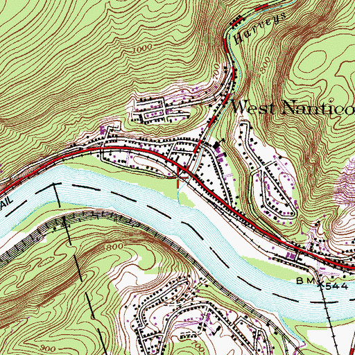 Topographic Map of Harveys Creek, PA