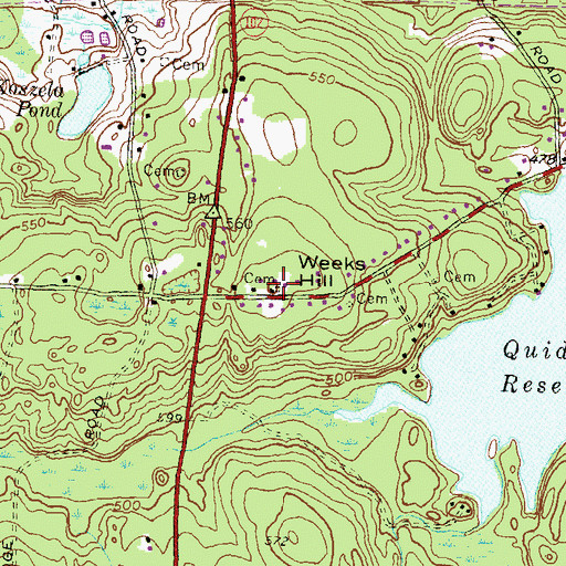 Topographic Map of Weeks Hill, RI