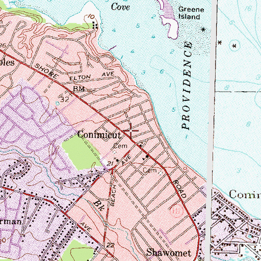 Topographic Map of Conimicut, RI