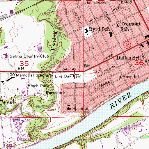 Topographic Map of Live Oak Cemetery, AL