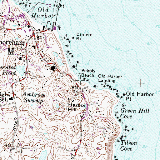 Topographic Map of Pebbly Beach, RI