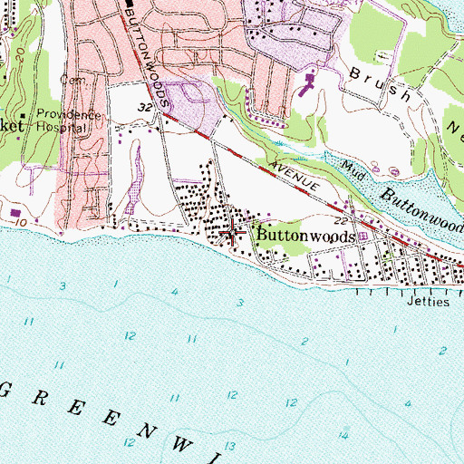 Topographic Map of Buttonwoods Beach, RI