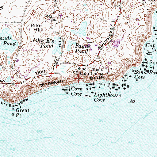 Topographic Map of Mohegan Bluffs, RI