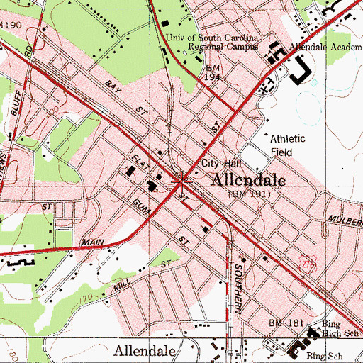 Topographic Map of Allendale, SC