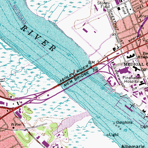 Topographic Map of Ashley River Memorial Bridge, SC