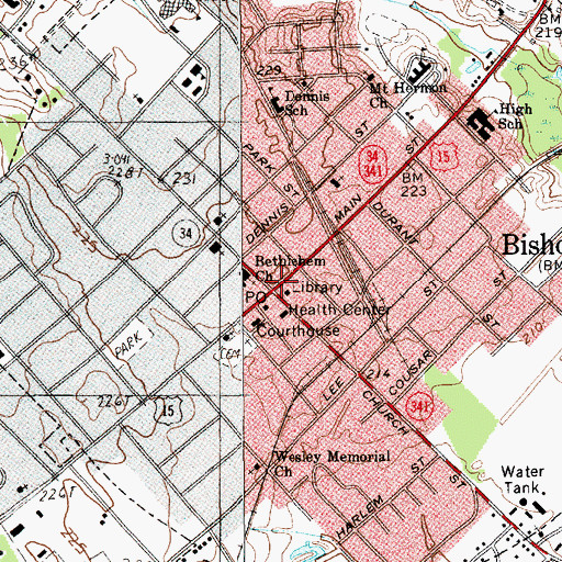 Topographic Map of Bishopville, SC