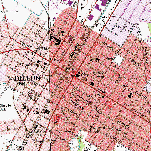 Topographic Map of Dillon, SC
