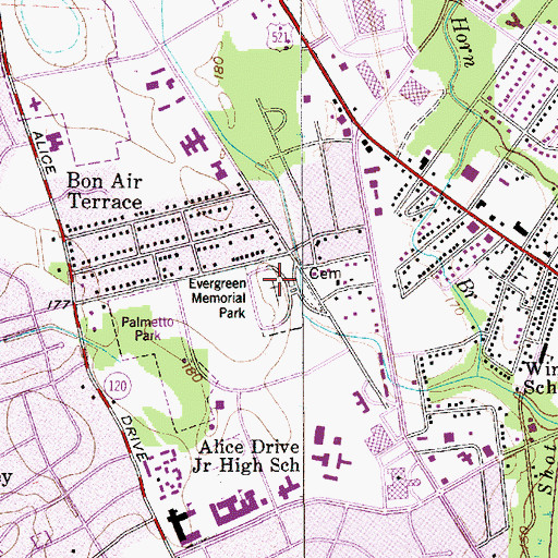 Topographic Map of Evergreen Memorial Park, SC