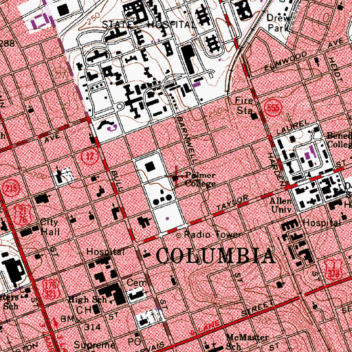 Topographic Map of Palmer College, SC