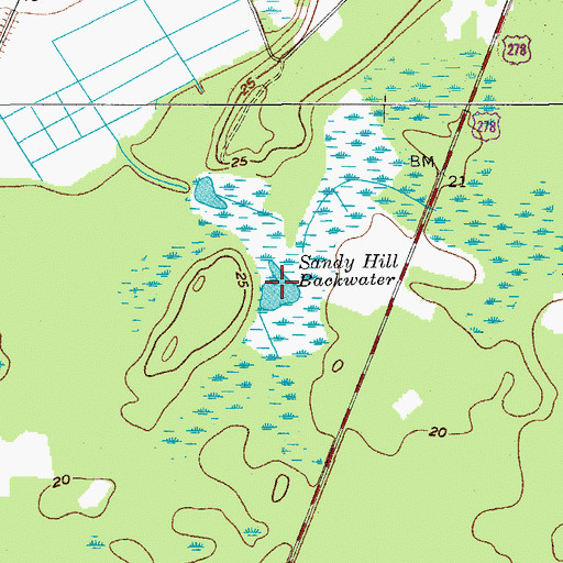 Topographic Map of Sandy Hill Backwater, SC