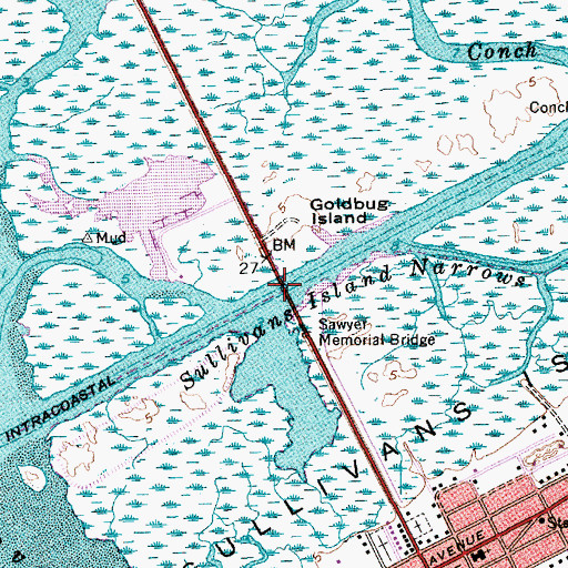 Topographic Map of Ben M Sawyer Memorial Bridge, SC