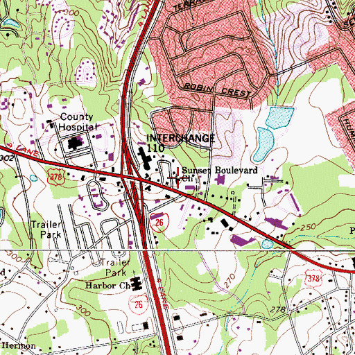 Topographic Map of Sunset Boulevard Church, SC