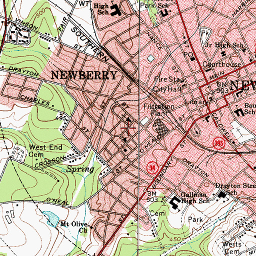 Topographic Map of Boundary Street-Newberry Cotton Mills Historic District, SC