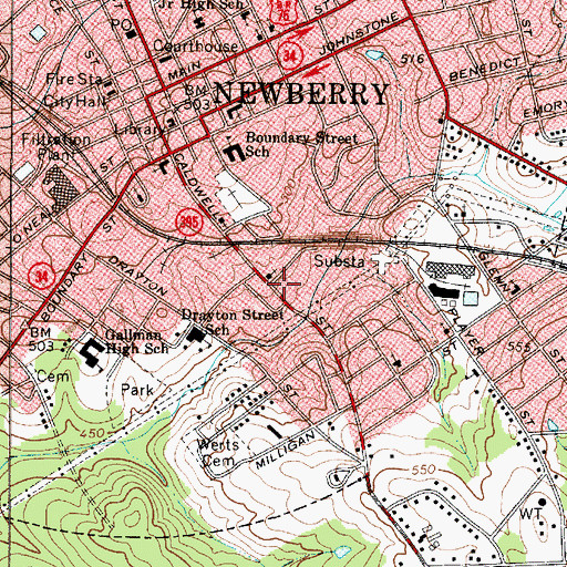 Topographic Map of Caldwell Street Historic District, SC