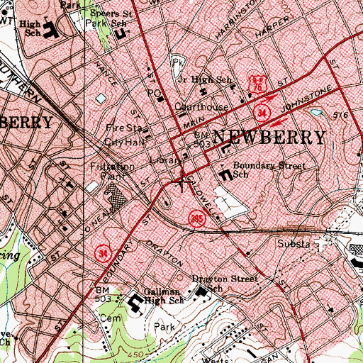 Topographic Map of First Baptist Church, SC