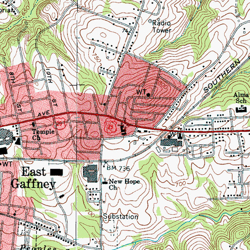 Topographic Map of East Gaffney Baptist Church, SC