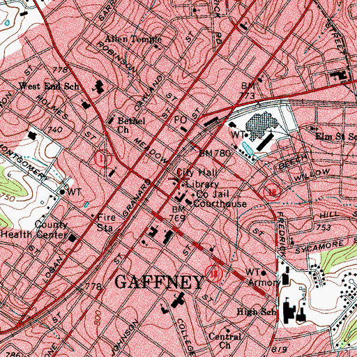 Topographic Map of Gaffney City Hall, SC