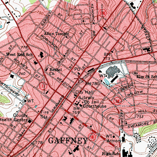 Topographic Map of Gaffney Commercial Historical District, SC