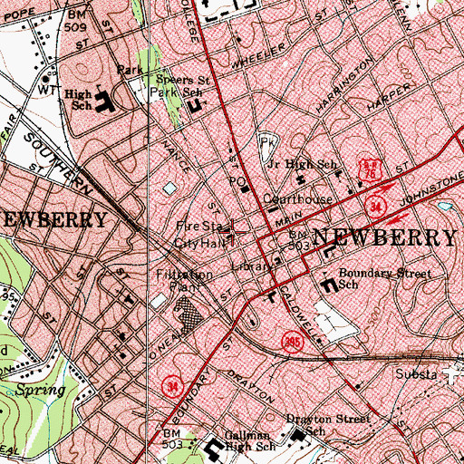 Topographic Map of Newberry City Hall, SC