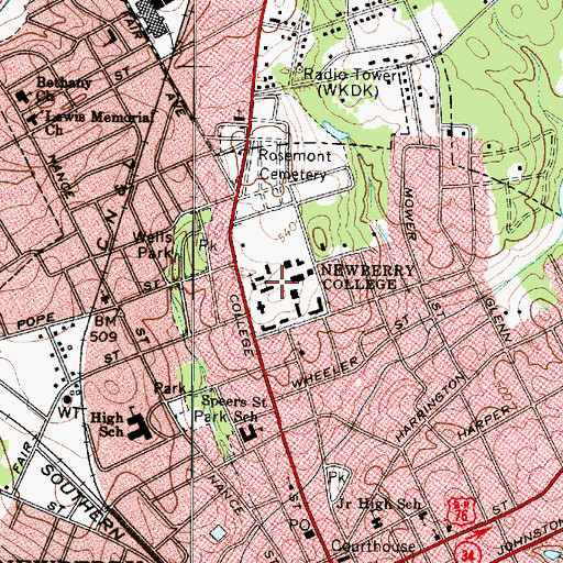 Topographic Map of Newberry College Historic District, SC