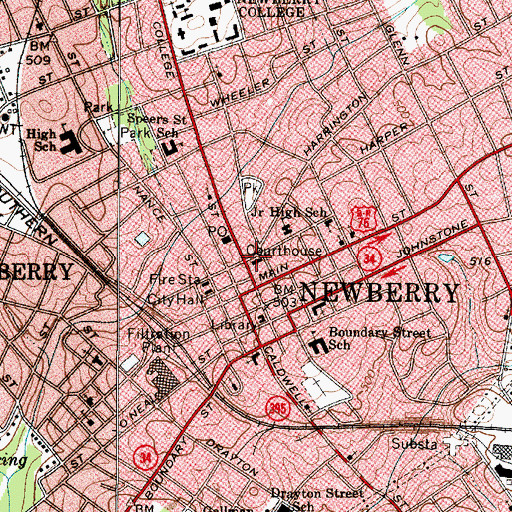 Topographic Map of Newberry County Courthouse, SC