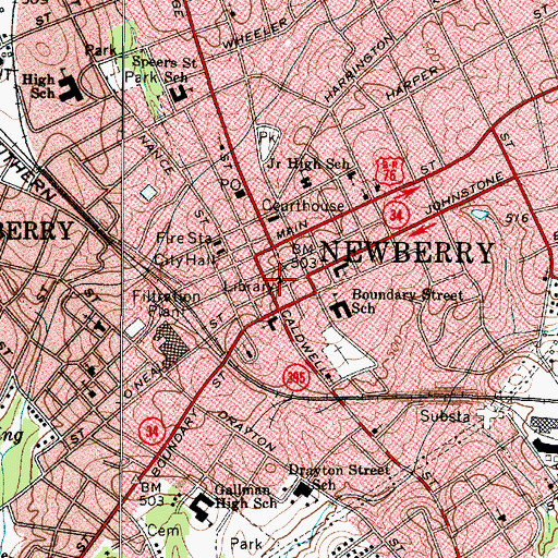Topographic Map of Newberry-Saluda Regional Library, SC