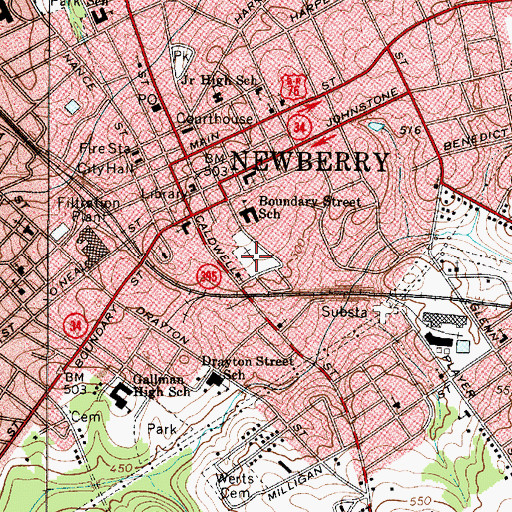 Topographic Map of Old Newberry Village Cemetery, SC