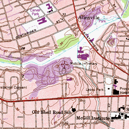 Topographic Map of Mobile Infirmary, AL