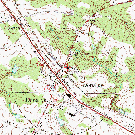 Topographic Map of Donalds United Methodist Church, SC