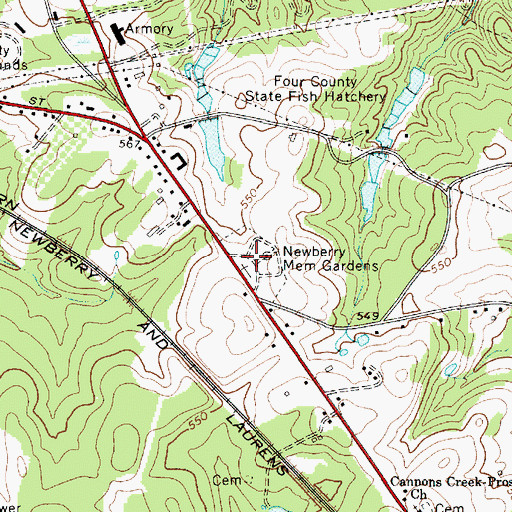 Topographic Map of Newberry Memorial Gardens, SC