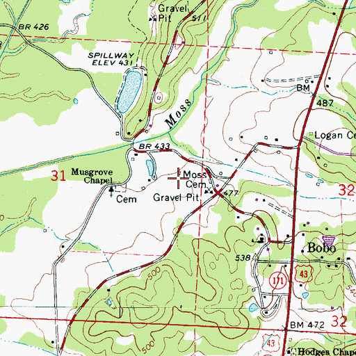 Topographic Map of Moss Cemetery, AL
